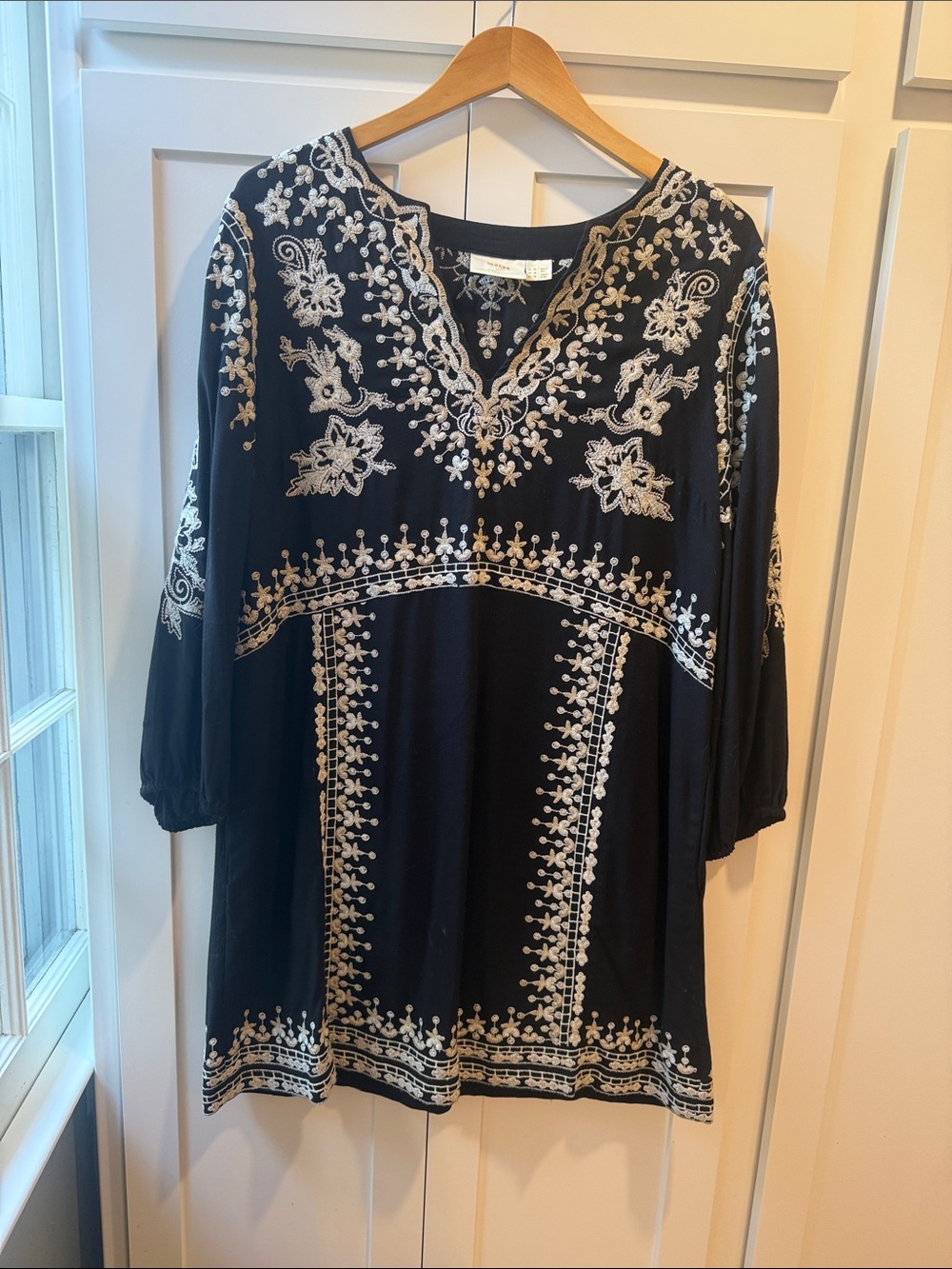 Anthropologie Black Tunic with Cream Embroidery